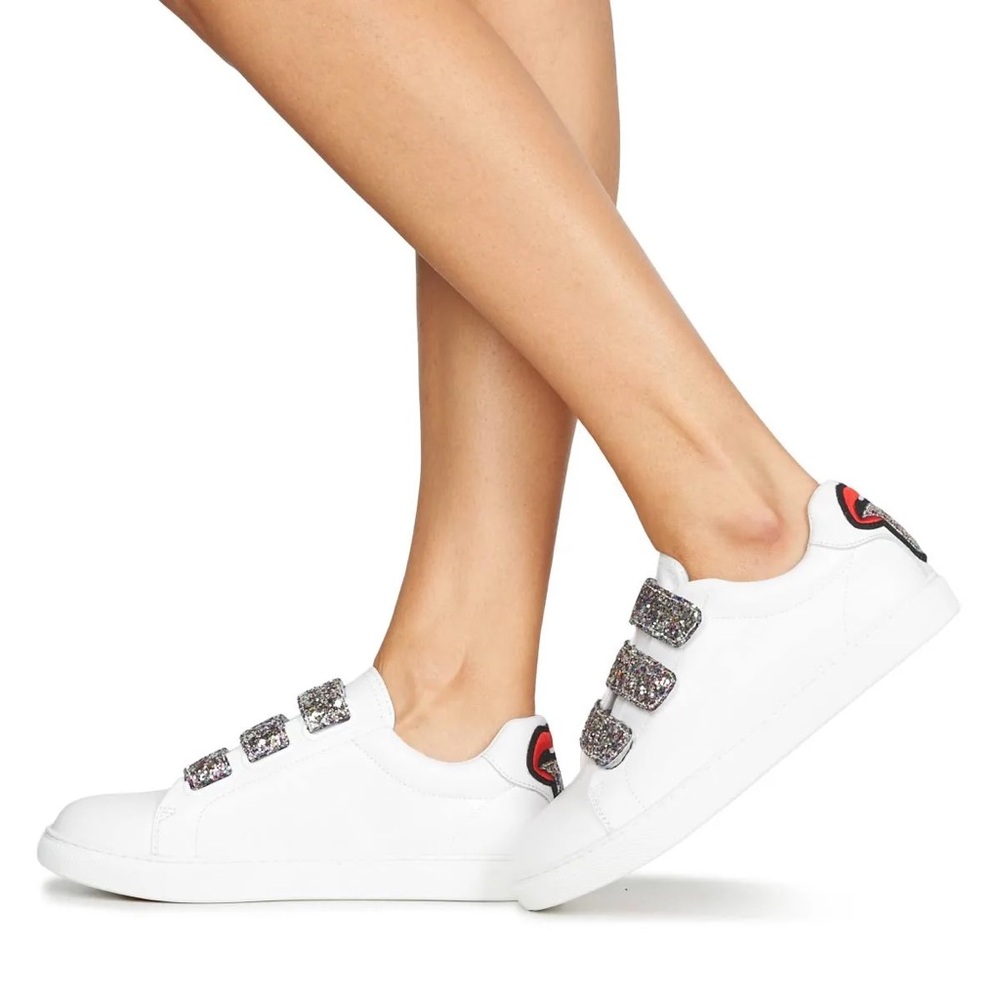 Bons Baisers de Paname Edith Glitter Tongue Leather Velcro Strap Sneakers White